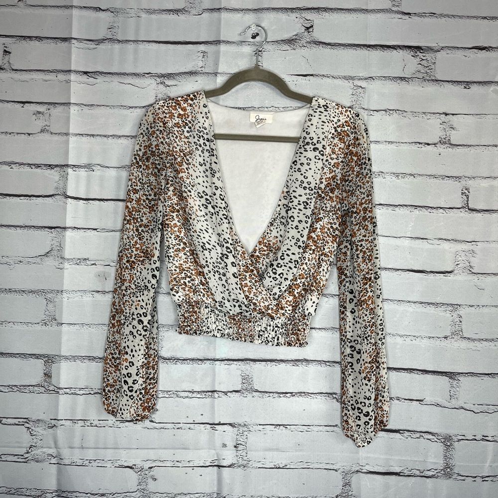 Japna Leopard Wrap Crop Top Sz XS Animal Print Smocked Boho Streetwear Crossover